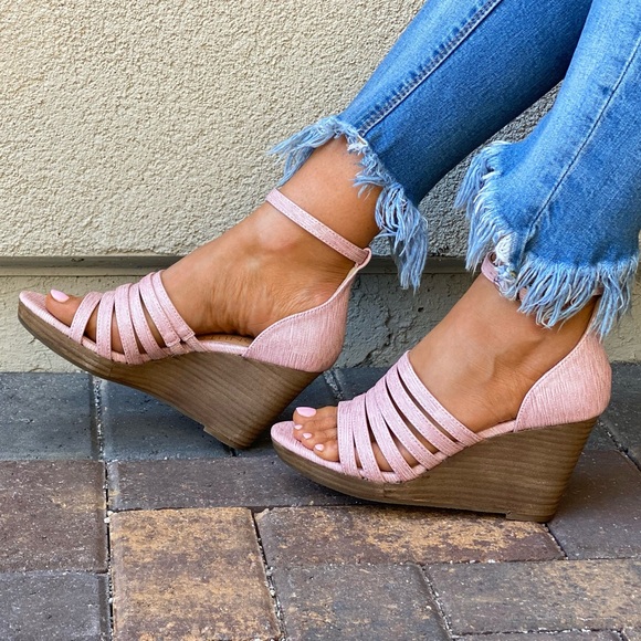 Urban Outfitters Shoes - Blush Pink Strappy Open Toe Platform Wedge Sandal